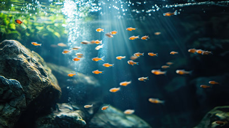 A tranquil underwater scene featuring little fish swimming in an aquarium at Chonburi, Thailand, with natural lighting and rock formationsの素材