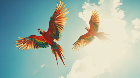 A pair of scarlet macaws soaring through the air, their wings outstretched and silhouetted against the bright blue sky.の素材