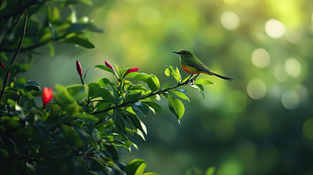A Green-tailed sunbird perched on a branch of an azalea Phohodendron tree, its small body nestled amidst the lush green foliage.の素材