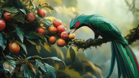 A Resplendent Quetzal feeding on fruit in a Costa Rican rainforest, its long beak reaching into a colorful fruit.の素材