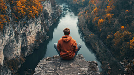 A traveler in a casual outfit sitting on a cliff bridge, enjoying the breathtaking aerial views of the river below, symbolizing freedom and wanderlustの素材