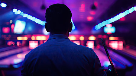 A player focuses intently with a cue in hand at a Jakarta bowling alley, the bright lights and lively crowd in the background creating a dynamic sports atmosphereの素材