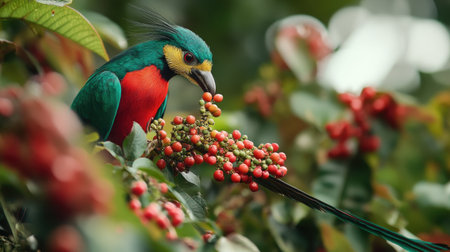 A Resplendent Quetzal feeding on a colorful berry in a Costa Rican cloud forest, its long beak reaching out for the fruit.の素材