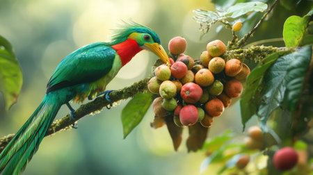 A Resplendent Quetzal feeding on fruit in a Costa Rican rainforest, its long beak reaching into a colorful fruit.の素材