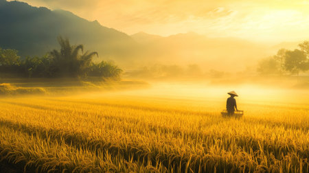 A serene scene of a Vietnamese farmer harvesting rice at dawn, with mist rising from the fields and the first light of day illuminating the golden stalksの素材