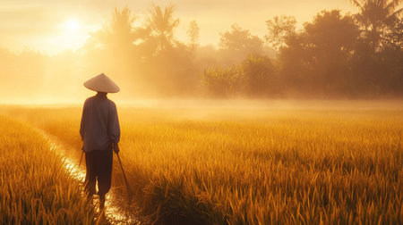A serene scene of a Vietnamese farmer harvesting rice at dawn, with mist rising from the fields and the first light of day illuminating the golden stalksの素材