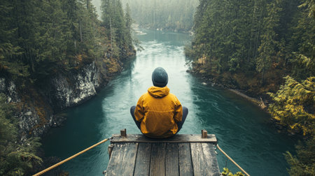 A traveler sitting on the bridge's edge, overlooking a tranquil river far below, embraced by the wilderness. Adventure, freedom, and nature connectionの素材