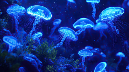 A tranquil underwater scene with jellyfish glowing in blue neon light, their forms moving gracefully through the dark watersの素材