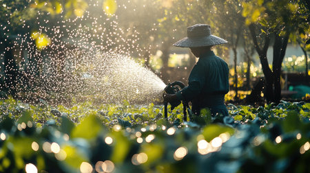 A scene of a worker in a vegetable garden in Nonthaburi, Thailand, using a watering machine to nourish the plants, with water droplets glistening in the sunlightの素材