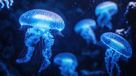 A school of jellyfish, each glowing with blue neon light, swimming in a dark aquarium, creating a mystical and serene underwater viewの素材
