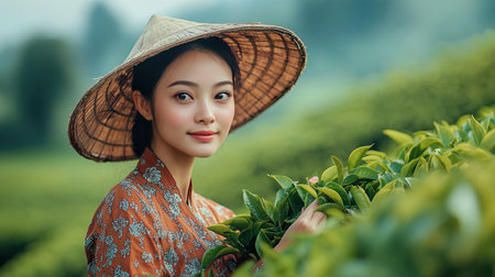 A stunning Asian woman in traditional attire, gently picking green tea leaves in a sprawling tea plantation in Chiang Rai, Thailand. Portrait focused on her calm expression.の素材