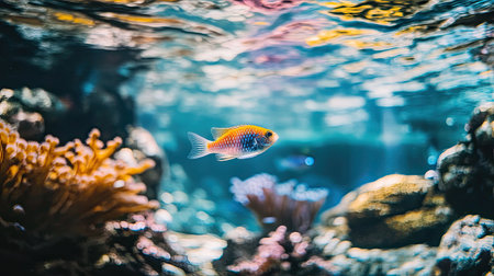 A small fish gliding through clear waters in an aquarium at Chonburi, Thailand, with a colorful reef and soft light filtering throughの素材