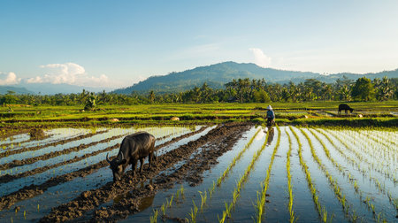 A wide-angle view of a farmer planting rice in the expansive fields of Grobogan, Indonesia, April 2023, with a water buffalo in the background under a clear skyの素材