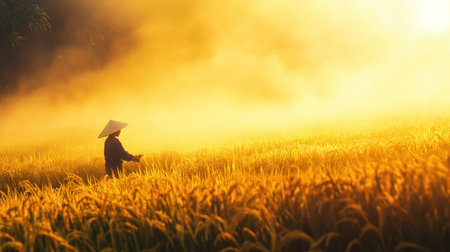 A serene scene of a Vietnamese farmer harvesting rice at dawn, with mist rising from the fields and the first light of day illuminating the golden stalksの素材