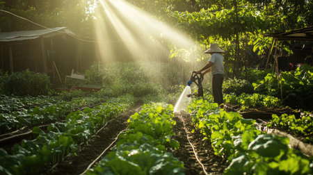 A worker in a lush green vegetable garden in Nonthaburi, Thailand, using a watering machine to irrigate the plants, with sunlight filtering through the foliageの素材