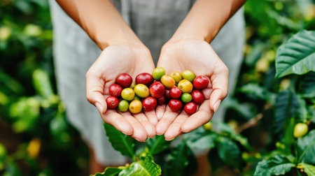 A womanaes hands gently cupping freshly harvested Arabica and Robusta coffee berries, showcasing their vibrant colors and rich textures against a green coffee fieldの素材