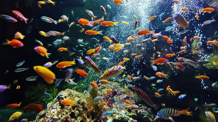 A variety of small, colorful fish swimming together in a large aquarium tank, surrounded by coral reefs and marine life in Chonburi, Thailandの素材