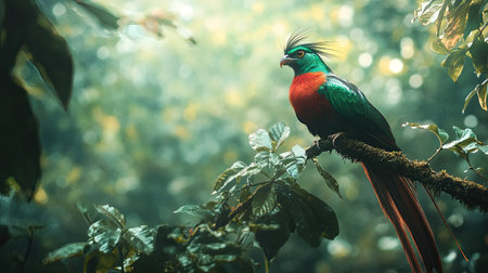A Resplendent Quetzal perched on a branch in a Costa Rican rainforest, its eyes focused on something in the distance.の素材