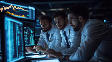 A team of traders, working together in a high-pressure environment, monitoring market trends.の素材