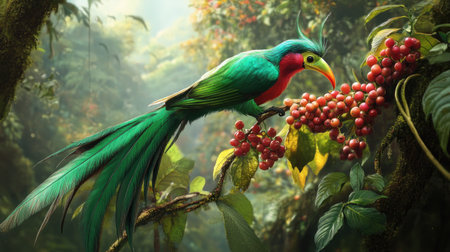A Resplendent Quetzal feeding on a colorful berry in a Costa Rican cloud forest, its long beak reaching out for the fruit.の素材