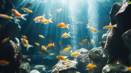 A tranquil underwater scene featuring little fish swimming in an aquarium at Chonburi, Thailand, with natural lighting and rock formationsの素材