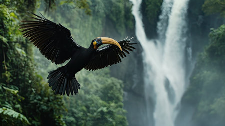 A Wreathed hornbill flying through the air, its wings outstretched against a backdrop of cascading waterfalls and lush rainforest vegetation.の素材