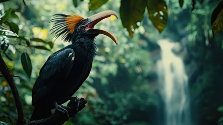 A Wreathed hornbill calling out to its mate, its loud cry echoing through the rainforest, with a blurred waterfall visible in the distance.の素材