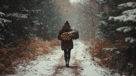 A young woman carrying a bundle of firewood through a snowy forest, with the path lined with trees and snow gently falling, capturing a rustic, outdoor sceneの素材