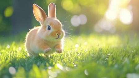 Adorable baby bunny running and chewing on fresh green grass in a sunny yard. Perfect depiction of a small, beloved pet in a lively outdoor environment.の素材