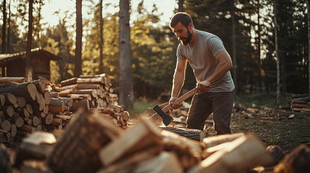 A young man chopping firewood with an axe in a forest, surrounded by piles of logs and wood chips, capturing a moment of rustic, outdoor laborの素材
