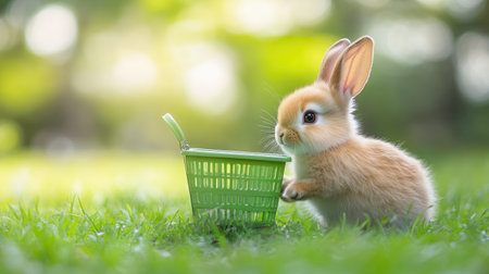 Adorable baby bunny rabbit pushing a tiny green shopping basket on vibrant green grass, with a soft-focus nature background, perfect for Easter themesの素材