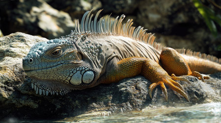 An iguana basking in the sun on a rock, its skin glistening with moisture.の素材