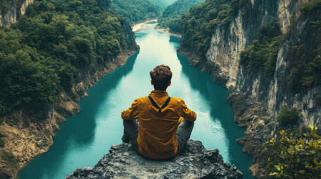 Adventurous male traveler relaxing on the edge of a cliff bridge, looking at a serene river below. Experience of solitude and tranquility in a wild landscapeの素材
