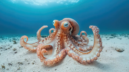 An intriguing coconut octopus on a sandy ocean floor in Indonesia, perfectly blending with its environment, captured during an underwater dive.の素材