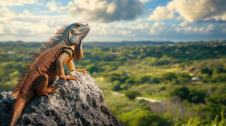 An iguana perched on a rock, overlooking a beautiful landscape.の素材