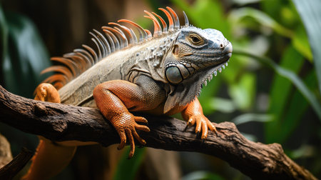 An iguana perched on a branch, its long tail dangling below.の素材