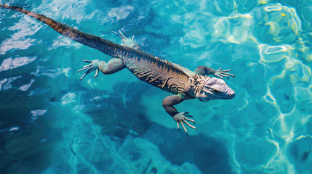 An iguana swimming in a clear blue lake, its long tail propelling it through the water.の素材