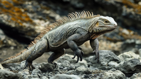 An iguana running across a rocky landscape, its long legs propelling it forward.の素材