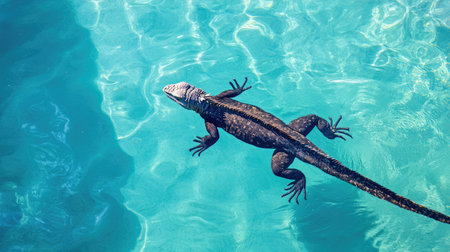 An iguana swimming in a clear blue lake, its long tail propelling it through the water.の素材