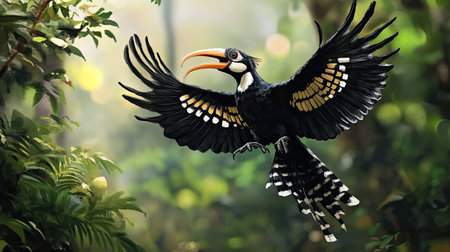 An Oriental Pied Hornbill calling out to its mate, its loud call echoing through the rainforest.の素材