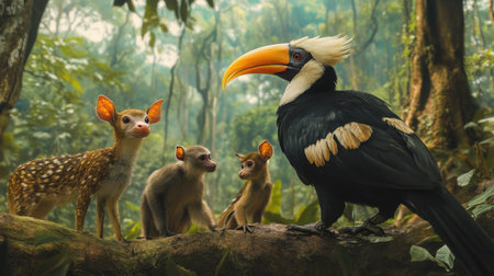 An Oriental Pied Hornbill interacting with other animals in the rainforest, such as monkeys or deer.の素材