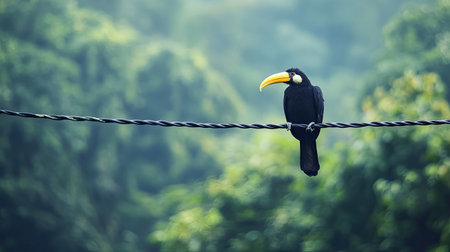 An Oriental Pied Hornbill perched on a power line, a symbol of both its beauty and the challenges it faces in a changing world.の素材