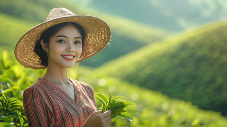 Asian woman in traditional dress poses gracefully while picking green tea leaves at a verdant tea plantation in Chiang Rai, Thailand. Portrait with a nature background.の素材