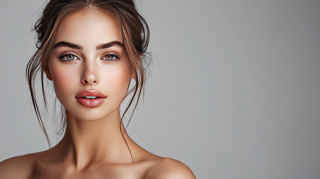 Beautiful woman with bare shoulders and perfect, glowing skin, set against a simple gray background, gentle smile on her lipsの素材