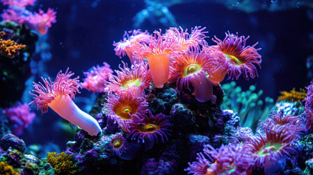 An underwater landscape featuring vibrant Flower Pot Coral (Goniopora sp.) with its tentacles spread wide, creating a colorful and dynamic marine sceneの素材