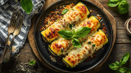 Baked zucchini rolls with meat filling, mayonnaise, and cheese on a plate, with basil garnish, a towel, and a fork, all arranged on a wooden board background, captured from above,の素材
