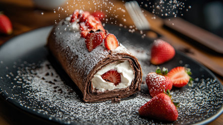Artistic dessert display of a chocolate mille crepes roll with strawberry pieces and whipped cream inside, topped with a generous sprinkle of chocolate dustの素材