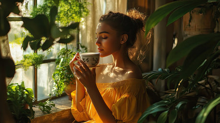 Beautiful woman wearing a yellow dress, relaxed on a balcony amidst a garden of green plants, sipping tea, her face illuminated by warm sunlight, serene and contentの素材
