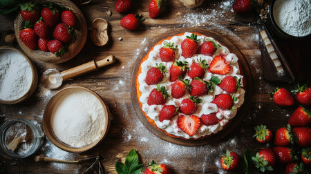 Beautifully styled strawberry-topped cake on a wooden table, surrounded by fresh ingredients like flour, sugar, and whole strawberries for a baking themeの素材
