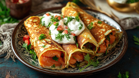 Blinchiki pancakes filled with salmon, with sour cream and fresh herbs on a rustic plate. A traditional Maslenitsa feast idea, perfect for a hearty mealの素材